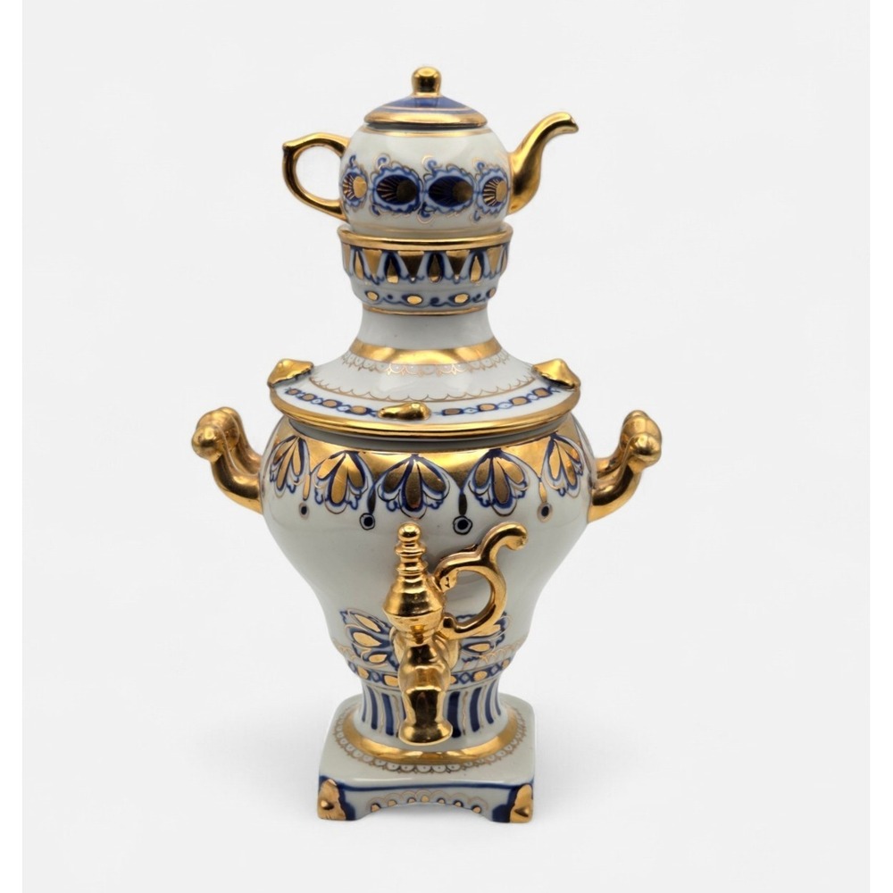 Vintage Russian Gzhel Decorative USSR Porcelain Samovar Teapot‎ Gift Gold Gilt